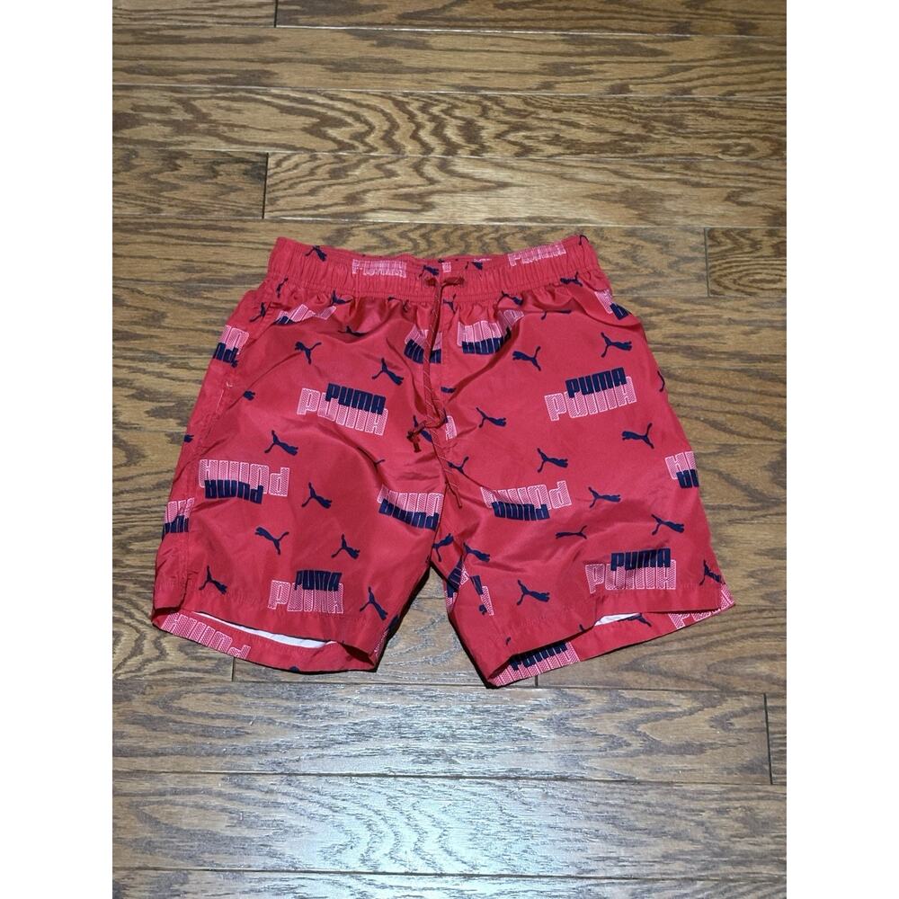 Puma Men's Red Blue Logo Print Lined Swim Trunks 8" Inseam Shorts, Size Small